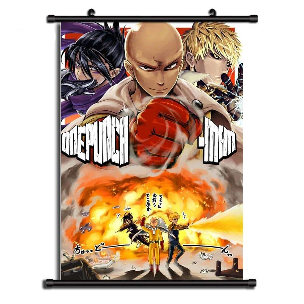 One Punch Man Poster Featuring Genos, Saitama, And Sonic.