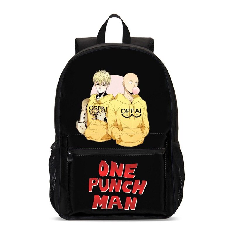 One Punch Man Backpack With Saitama, Genos, And Oppai Design.